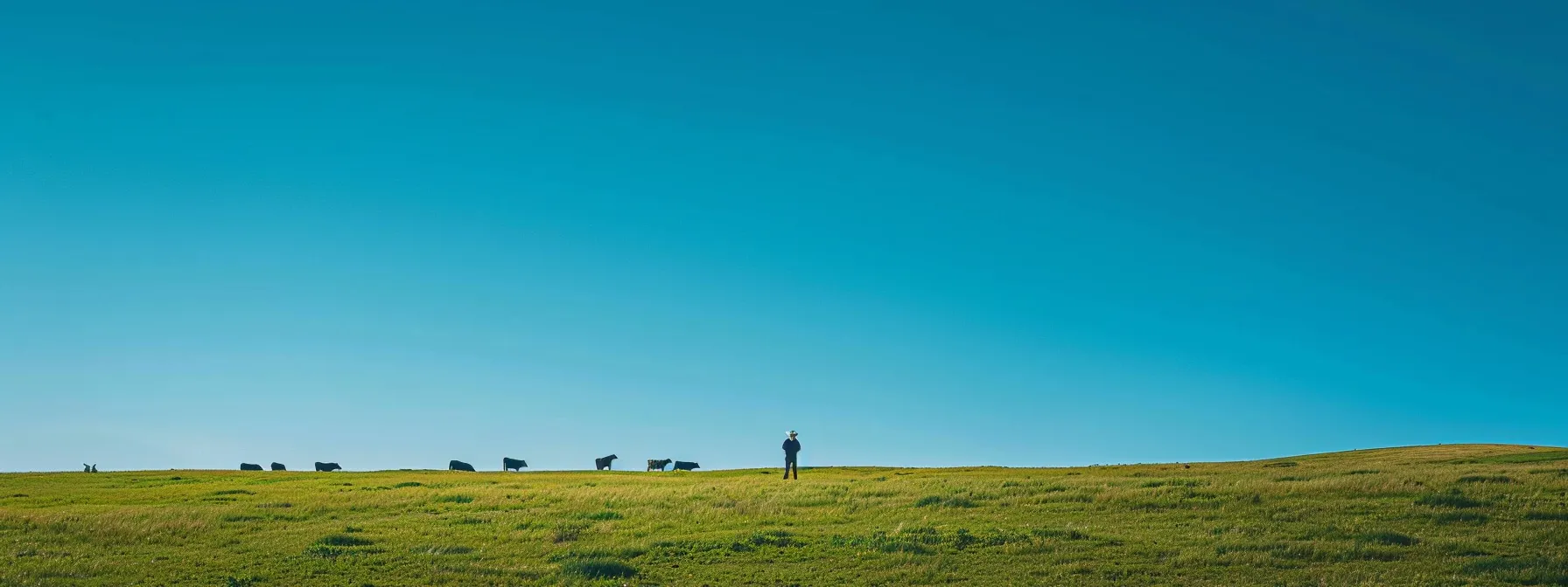 a rancher observing a herd of healthy, robust cattle grazing under the clear blue sky, signaling a positive turn in the livestock cycle.