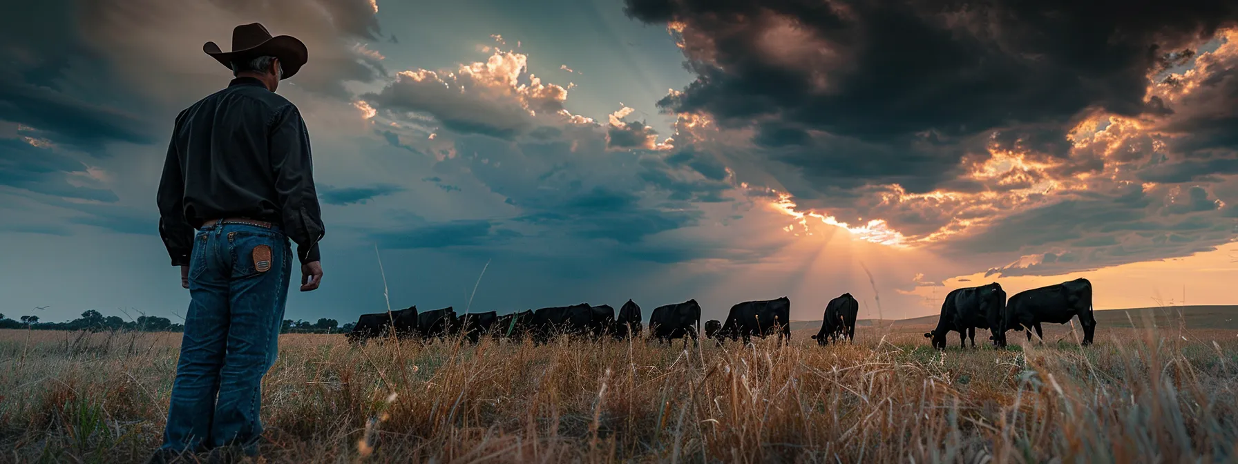 a rancher observing a herd of cattle grazing peacefully under a dramatic sky, signaling a potential shift in the livestock cycle.