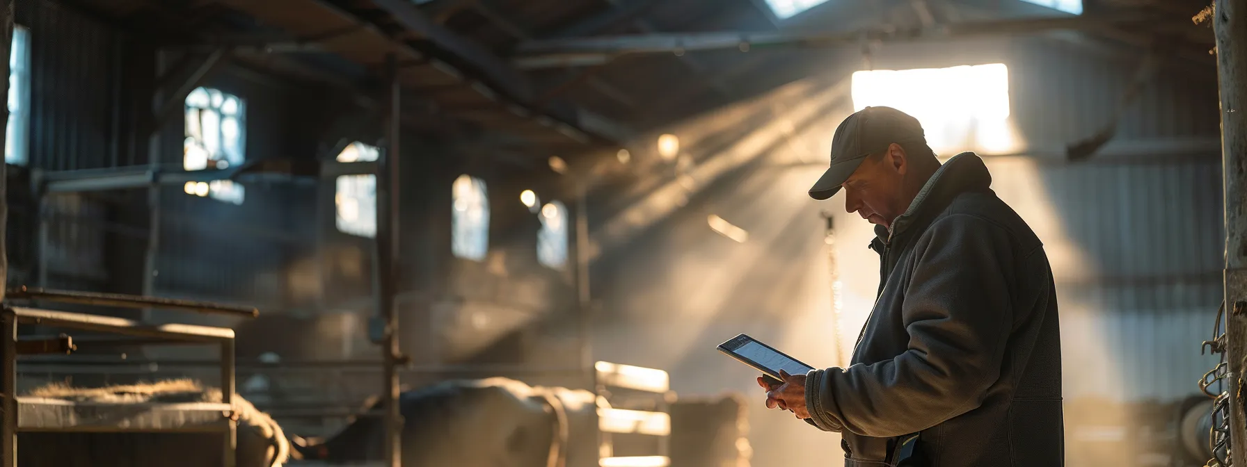 a farmer using a tablet to monitor livestock and market trends in a modern, high-tech barn setting.