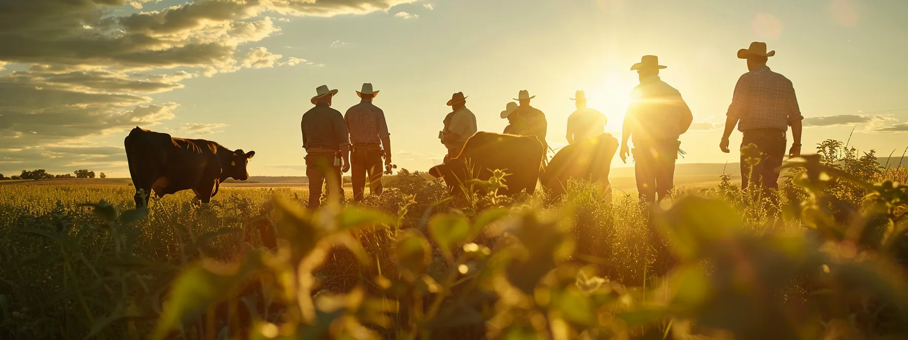 a group of farmers in a bright, lush field, strategizing and planning for a new phase in cattle farming.