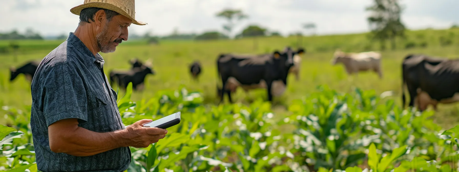 a imagem mostra um fazendeiro usando um software de gestão pecuária em sua fazenda no pará, com bovinos ao fundo, destacando a modernização e eficiência da produção.