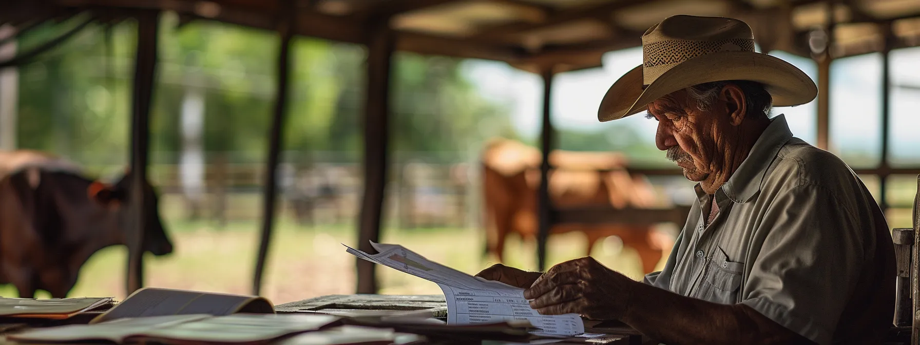 no centro de uma fazenda em mato grosso do sul, um pecuarista examina com atenção gráficos e relatórios de mercado, enquanto o gado pasta tranquilamente ao fundo.